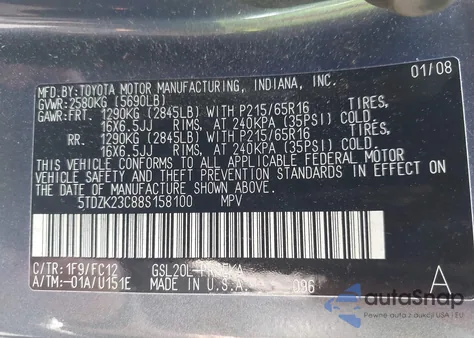 2008 Toyota Sienna Le z USA, uszkodzony, nr VIN 5TDZK23C88S158100